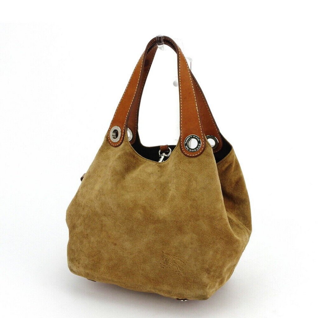 Authentic Used Burberry Horse Mark Beige Suede X Leather X Nylon Canvas